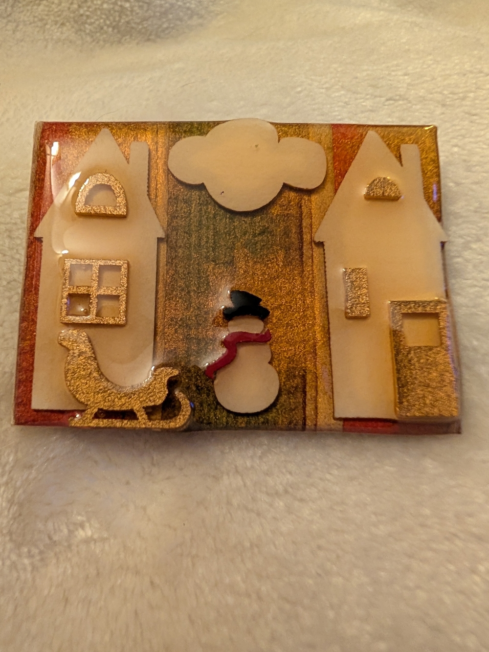 Vintage Lucinda #15 Christmas House Pin Snowman Sleigh Holiday Brooch Folk Art